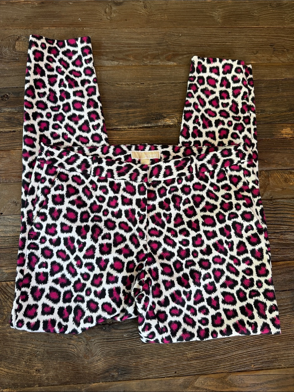 Michael Kors mid rise pink black leopard print stretch tapered pants NWOT size 8 - Picture 7 of 9